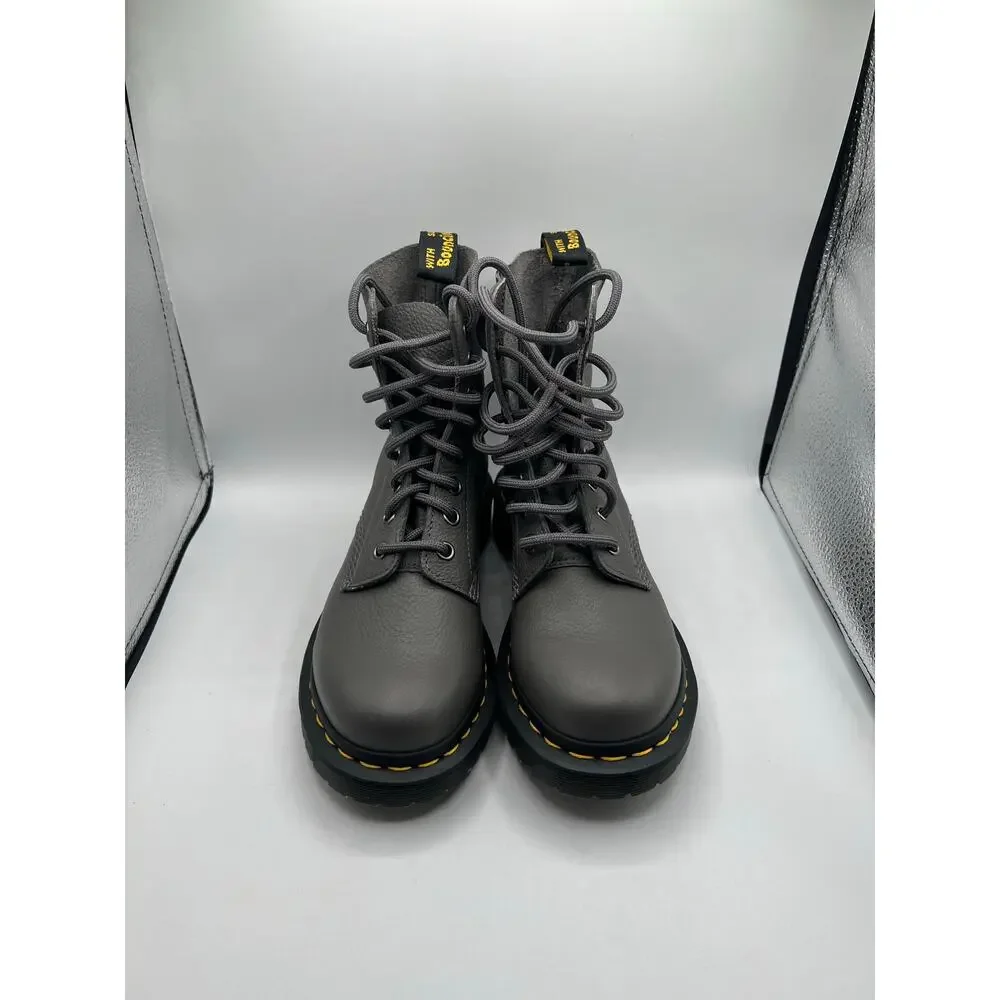 Dr. Martens Gray Leather Combat Boots Lace-Up Round Toe Womens Pebble leather